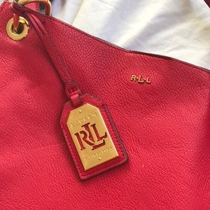 Red pebble leather tote bag by Ralph Lauren
